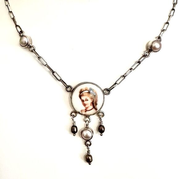 Handmade Vintage Unique RARE Sterling Silver & Pearl Gibson Girl Necklace - Picture 2 of 3